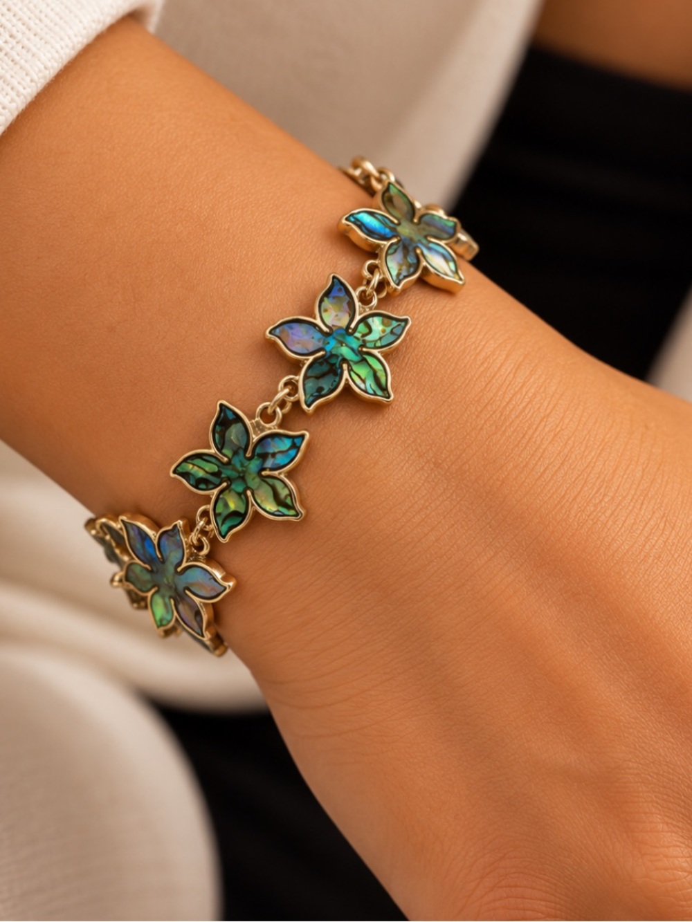 Flower Link Bracelet with Iridescent Green-Blue abalone shell  Inlay